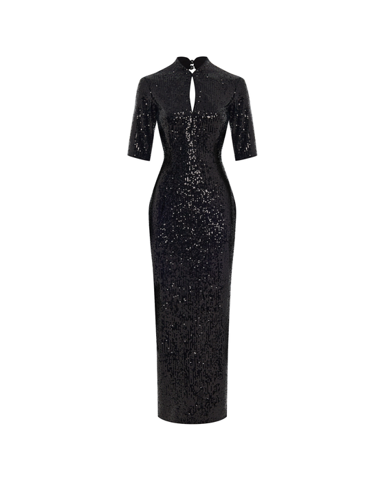 Платье миди удлиненное из пайеток с открытой спиной и вырезом