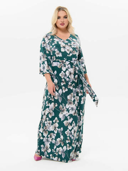 Длинное платье с V-вырезом, изумрудное