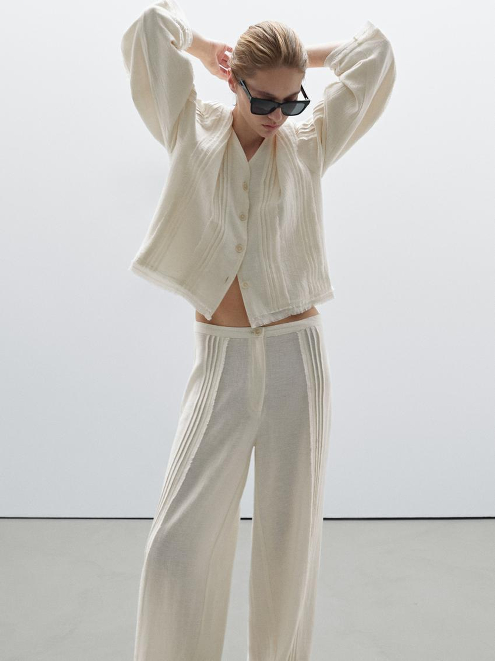 Massimo Dutti Брюки из смесового хлопка с вышивкой, натуральный, кремовый