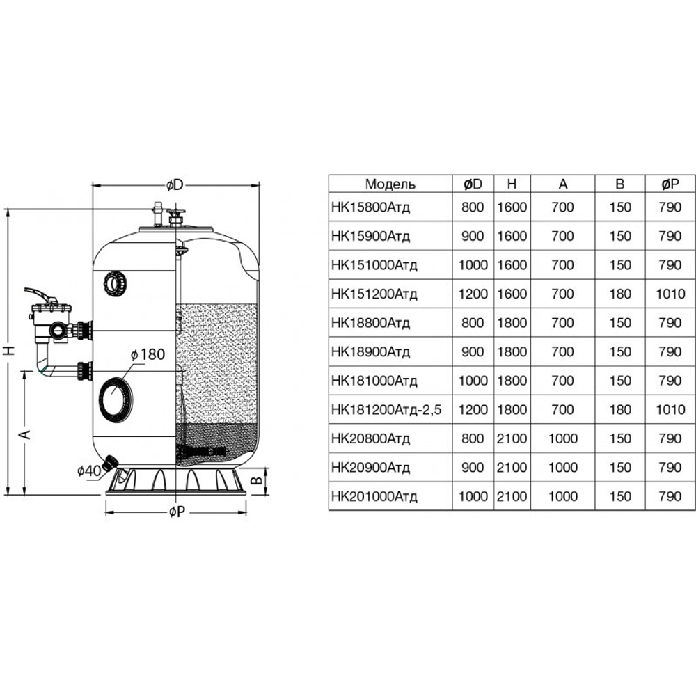 Фильтр HK181000Aтд, шпул.навивки Д.1000мм,39м³/ч,выс.1м; доп.опц, бок. подкл. 2", без вентиля