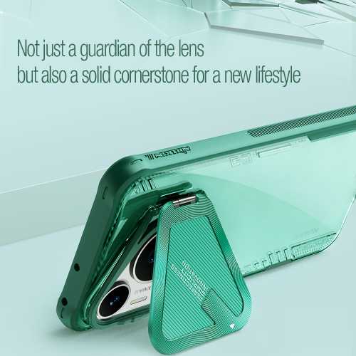 Чехол прозрачный зеленого цвета от Nillkin с металлической откидной крышкой для камеры на Huawei Pura 70 Pro и Pura 70 Pro+, серия Iceblade Prop Case