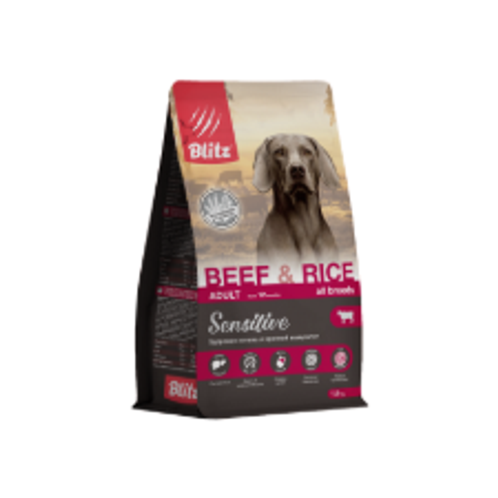 Сухой корм для собак Blitz Adult BEEF & RICE Sensitive (говядина и рис) для собак всех пород, 1,8 кг