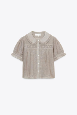 ZARA РУБАШКА С КРУГЛЫМ ВОРОТНИКОМ И ВЫШИВКОЙ, КОРИЧНЕВЫЙ