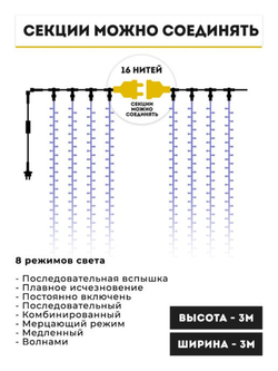 Гирлянда новогодняя штора 3x3/занавес/светодиодная/на окно/дождик