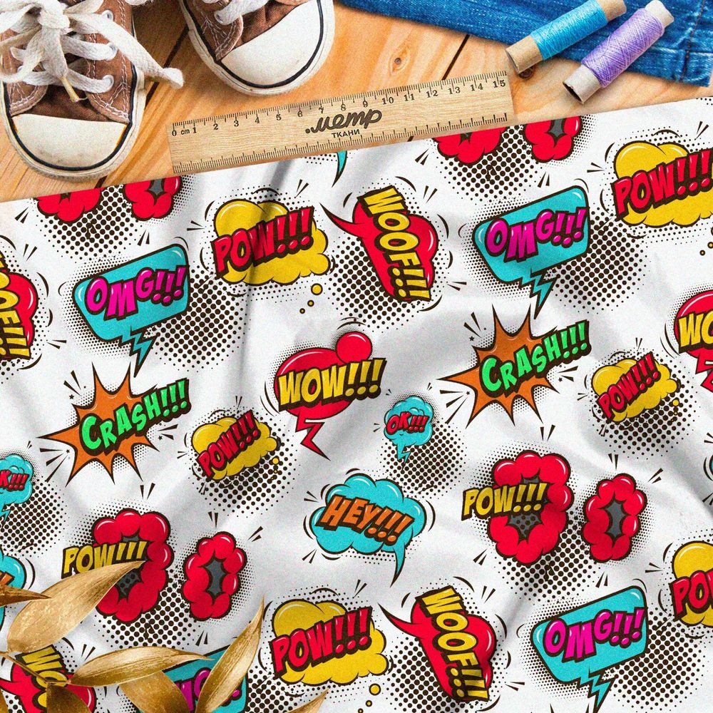 Ткань шелк Армани громкие звуки из комиксов на белом фоне
