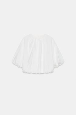 ZARA ТОП ИЗ ПОПЛИНА С ОБЪЕМНЫМИ РУКАВАМИ, БЕЛЫЙ