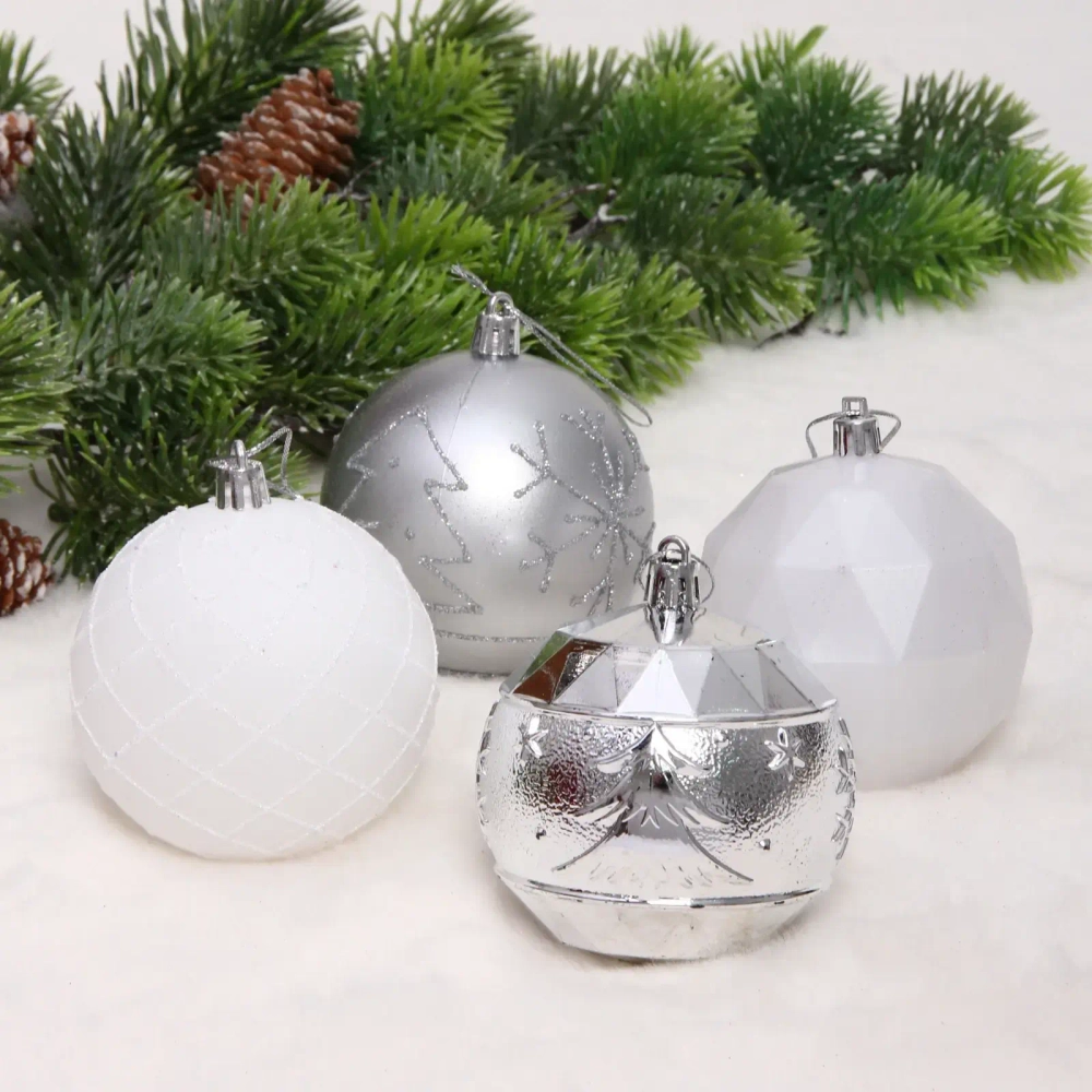 Новогодние шары «Волшебный вальс» 8 см (набор 12 шт), Серебро/Белый