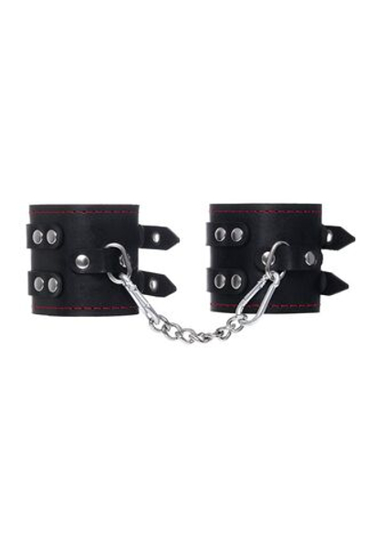 Черные кожаные наручники с двумя ремнями и подкладкой (Цвет: черный)