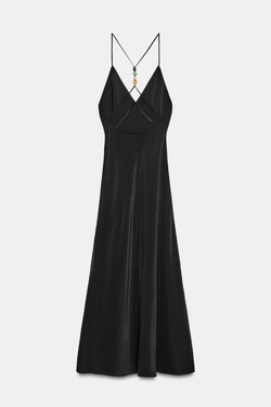 ZARA ПЛАТЬЕ МИДИ С КАМНЯМИ НА БРЕТЕЛЯХ, ЧЕРНЫЙ