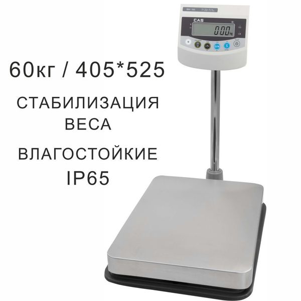 Весы товарные напольные CAS BW-60RB, RS232, 60кг, 20гр, 405x525, Влагозащита IP65, с поверкой, съемная стойка