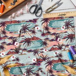 Ткань сатин коричневые пальмы и оазисы с цветами