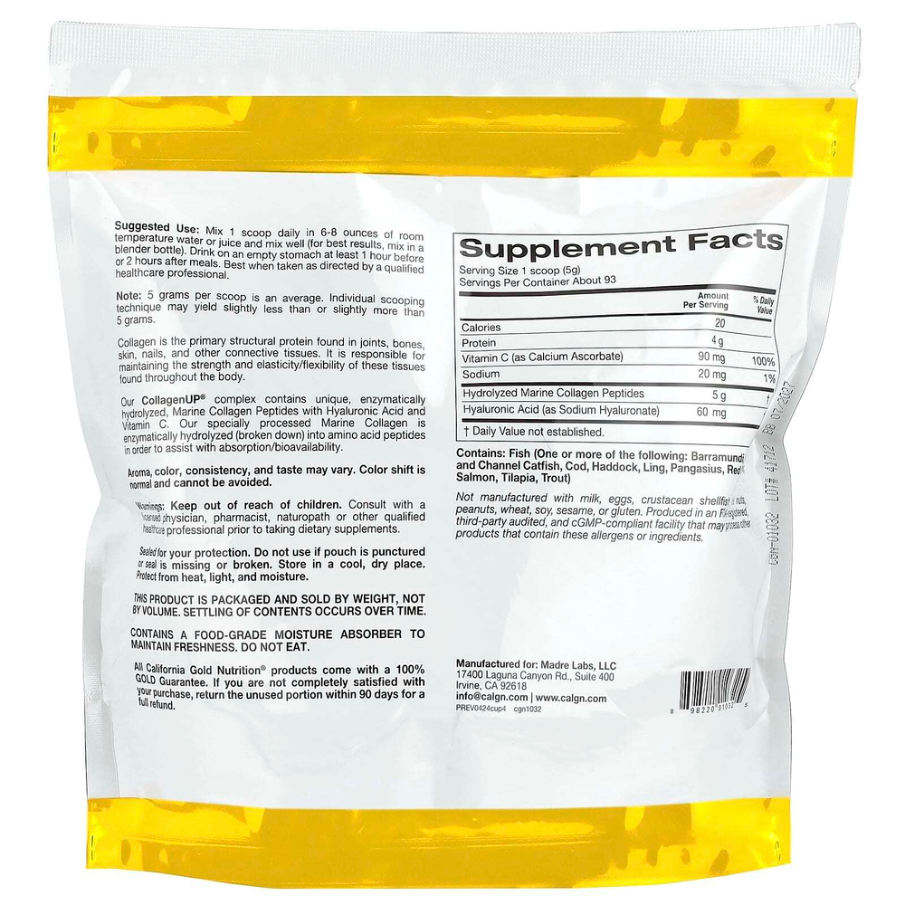 California Gold Nutrition, CollagenUP®, гидролизованные пептиды морского коллагена с гиалуроновой кислотой и витамином C, с нейтральным вкусом, 464 г (1,02 фунта)