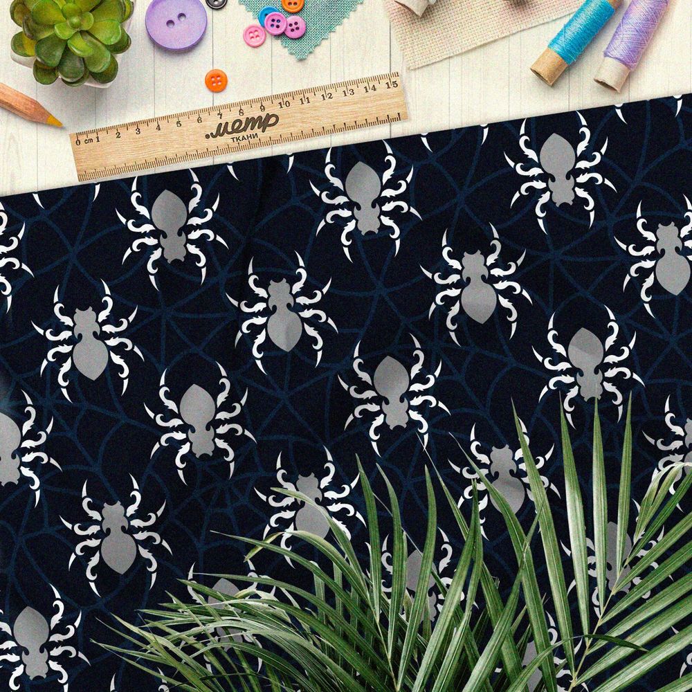 Ткань шифон серые пауки на тёмно-синем фоне