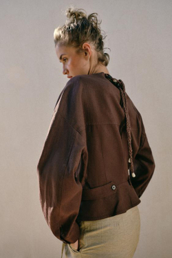 ZARA ДВУБОРТНАЯ КУРТКА ИЗ ЛЬНА, ШОКОЛАДНО-КОРИЧНЕВЫЙ