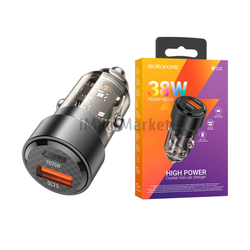 Автомобильное зарядное устройство Borofone BZ20, 1 USB-A, 1 USB-C, 38W, 3A, черный прозрачный
