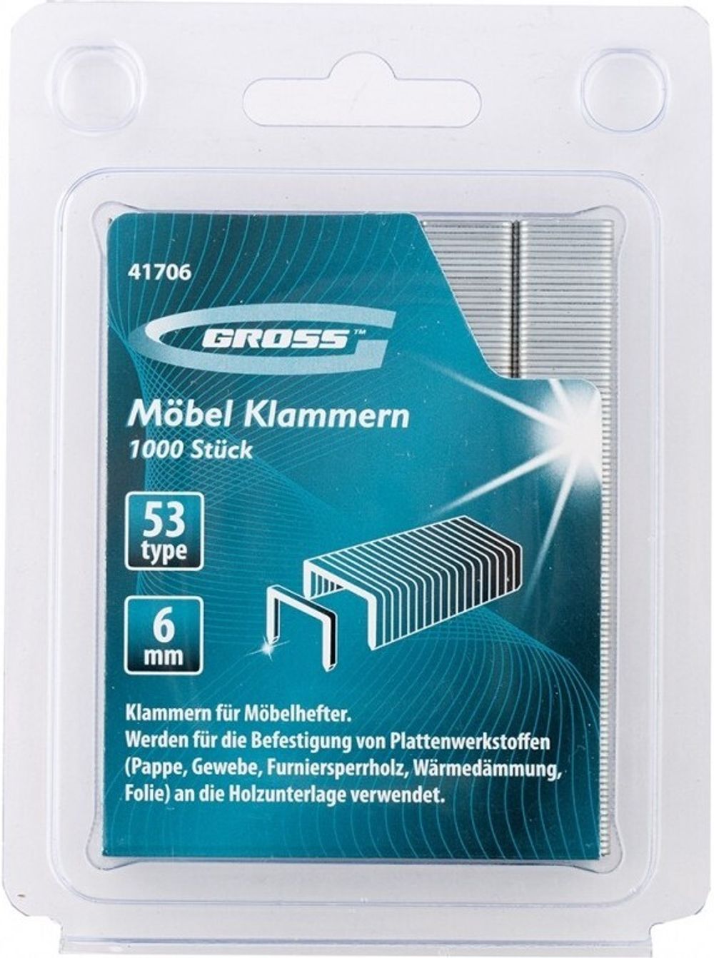 41706 Скобы, 6 мм, для мебельного степлера, усиленные, тип 53, 1000 шт. Gross