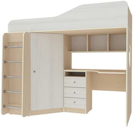 Кровать-чердак КарИВи Кадет 1 с металлической лестницей  Дуб Молочный Белое Дерево