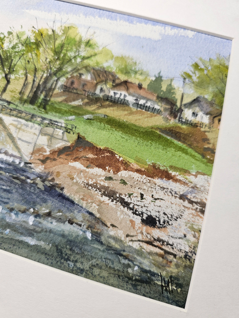 Картина авторская акварельная в паспарту 21х30 см на стену для интерьера "Водопад на реке Осетр"