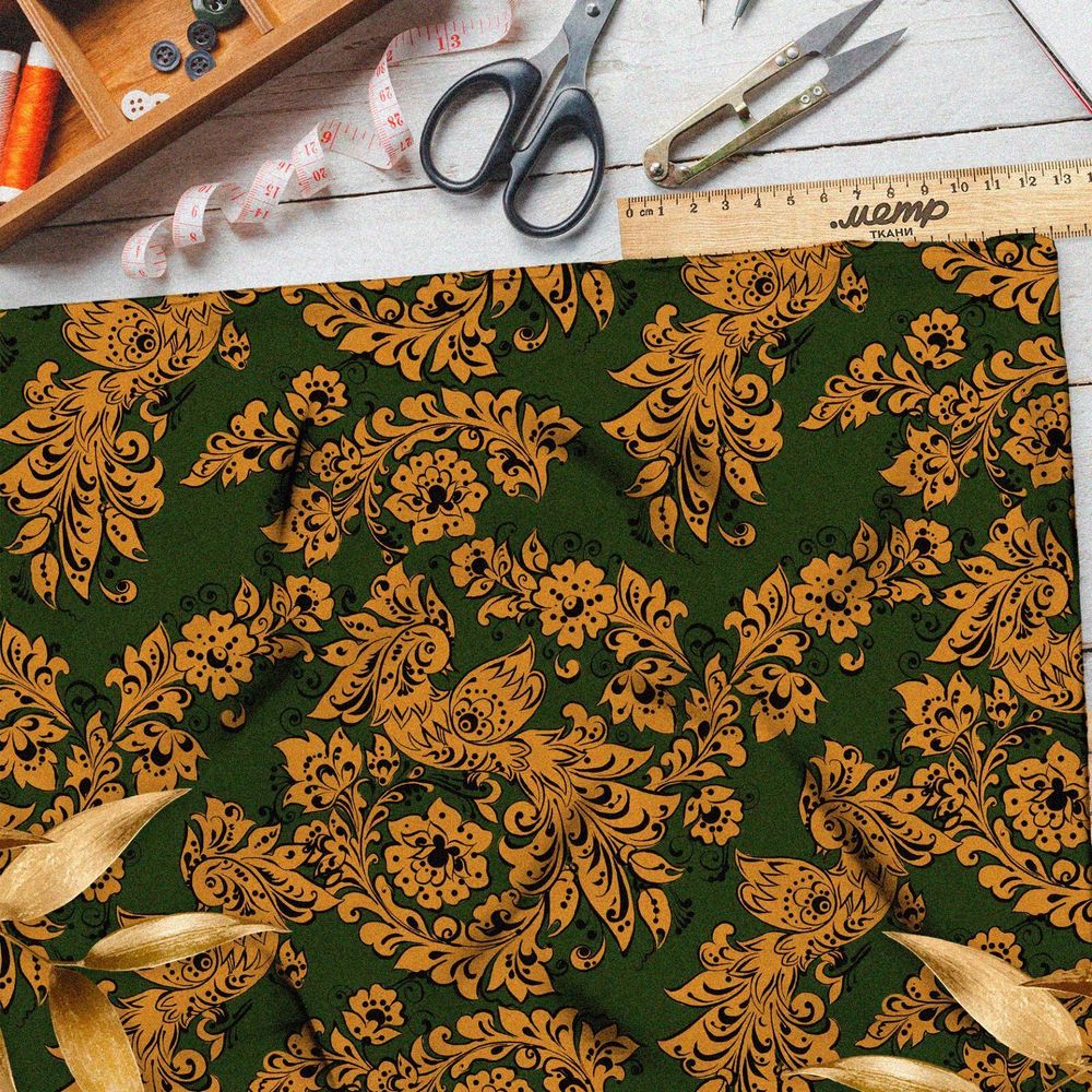 Ткань таффета золотистая роспись с цветами