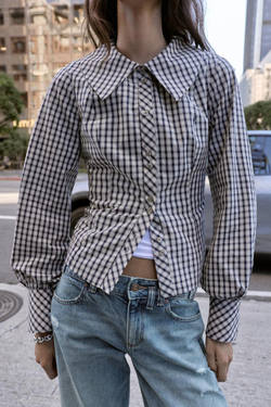 ZARA РУБАШКА В КЛЕТКУ С КРУГЛЫМ ВОРОТНИКОМ, КОРИЧНЕВО-СИНИЙ