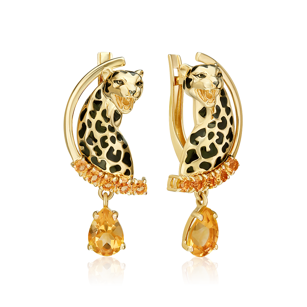 Серьги «Леопарды» с английским замком из лимонного золота с цитринами и эмалью