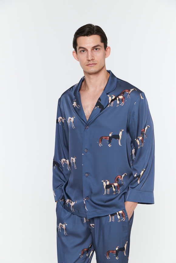 Шелковый мужской костюм с борзыми графит