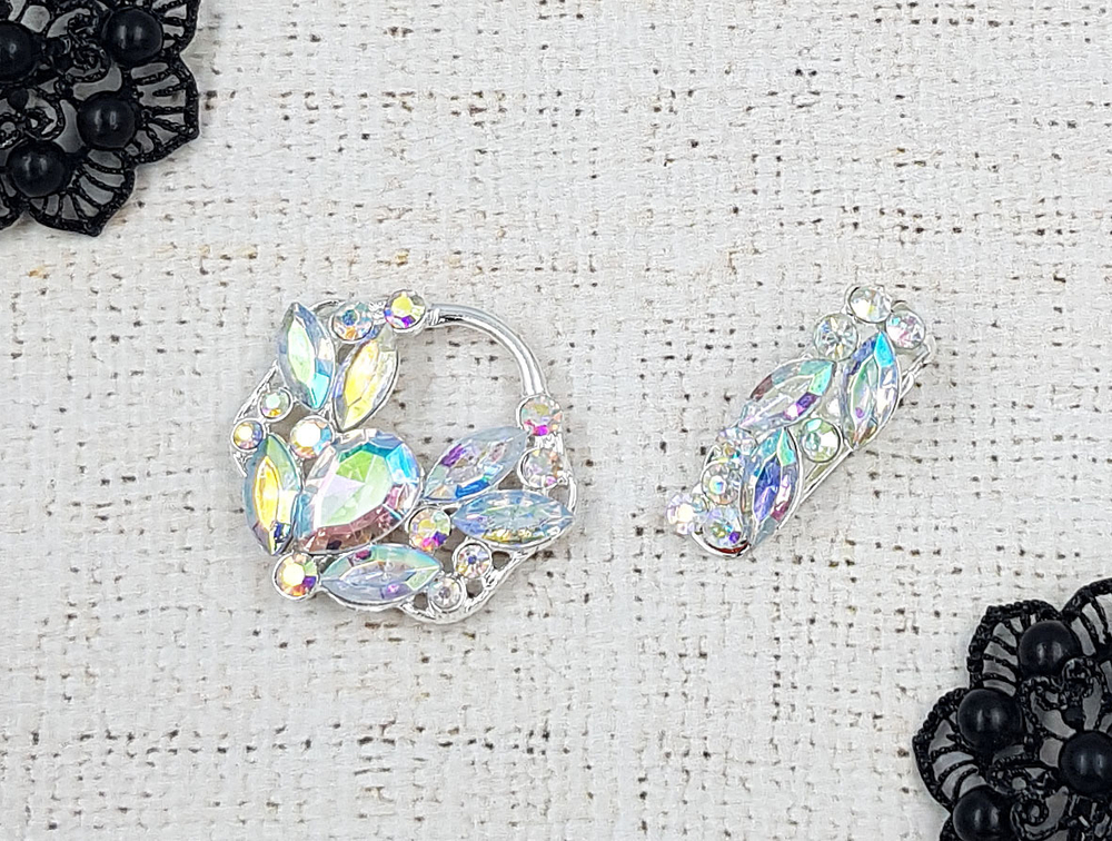 Застежки шубные со стразами, р. 7х4.5 см, серебро AB