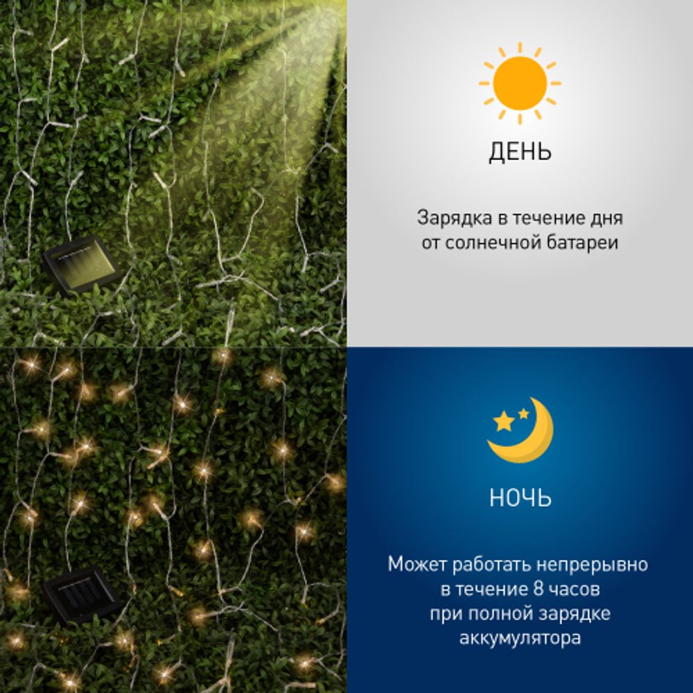 Садовая гирлянда ЭРА ERASF22-41 на солнечной батарее Занавес 1,5*1,5 метра, 192 LED