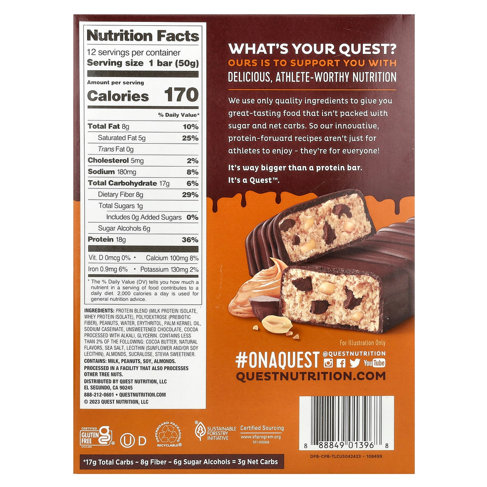 Quest Nutrition, протеиновый батончик, шоколад с арахисовой пастой в глазури, 12 шт. по 50 г (1,76 унции)