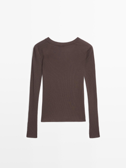 Massimo Dutti Футболка в рубчик с длинными рукавами, коричневый