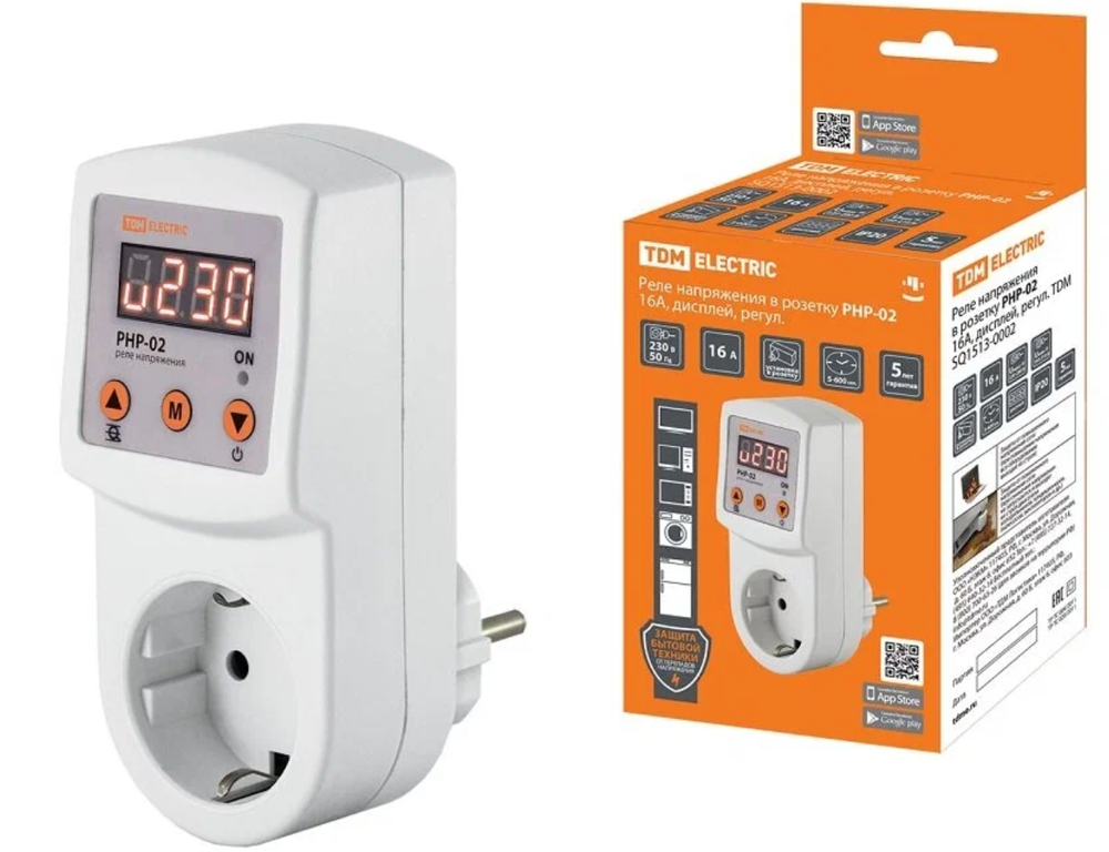 Реле напряжения в розетку РНР-02, 16А, дисплей, регул., TDM SQ1513-0002