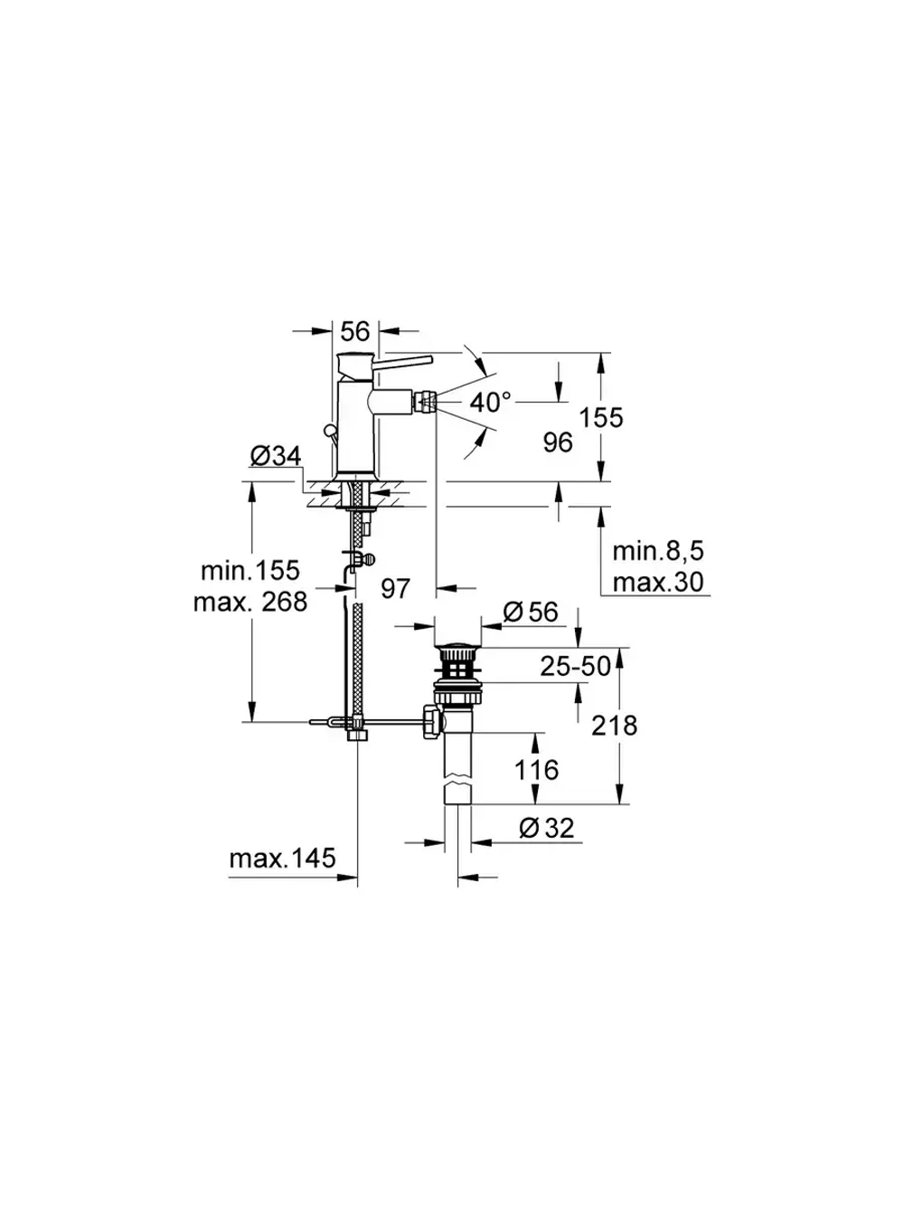 Смеситель для биде Grohe BauClassic со сливным гарнитуром