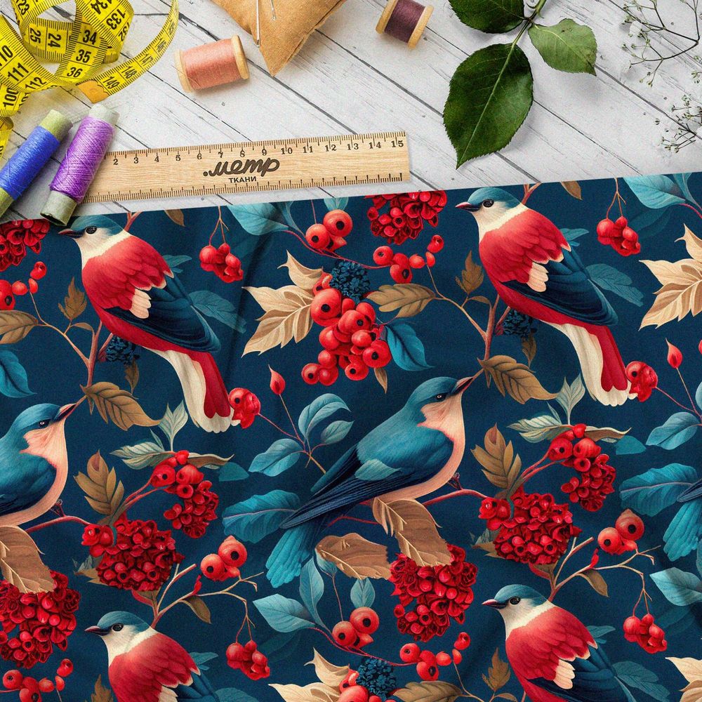 Ткань оксфорд 210 птичья жизнь в рябине