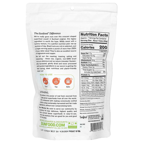 Sunfood, сырые органические бразильские орехи, 227 г (8 унций)