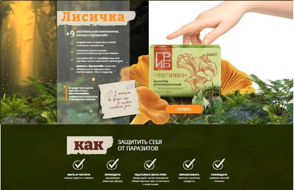 Концентрат пищевой на основе растительного сырья. Batel. Фунгосбор детоксикационный при паразитарных поражениях с лисичкой