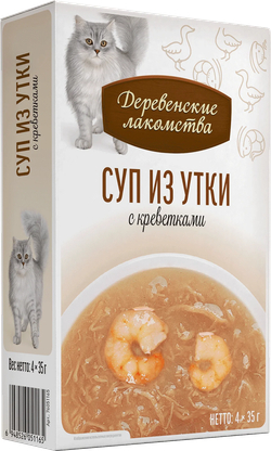 ДЕРЕВЕНСКИЕ ЛАКОМСТВА Пауч для кошек суп из утки с креветками 0,035 кг