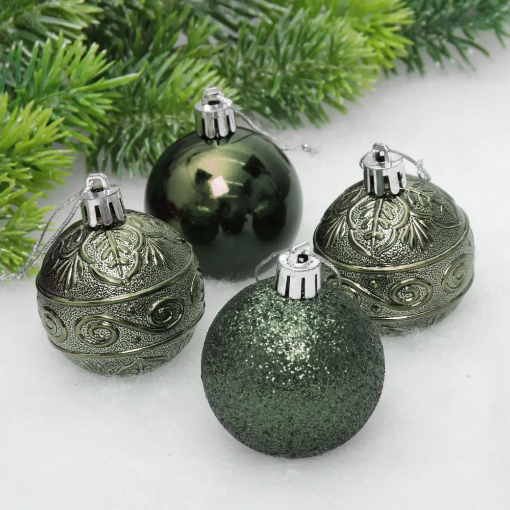 Новогодние шары 5 см (набор 4 шт) «Микс фактур», изумруд