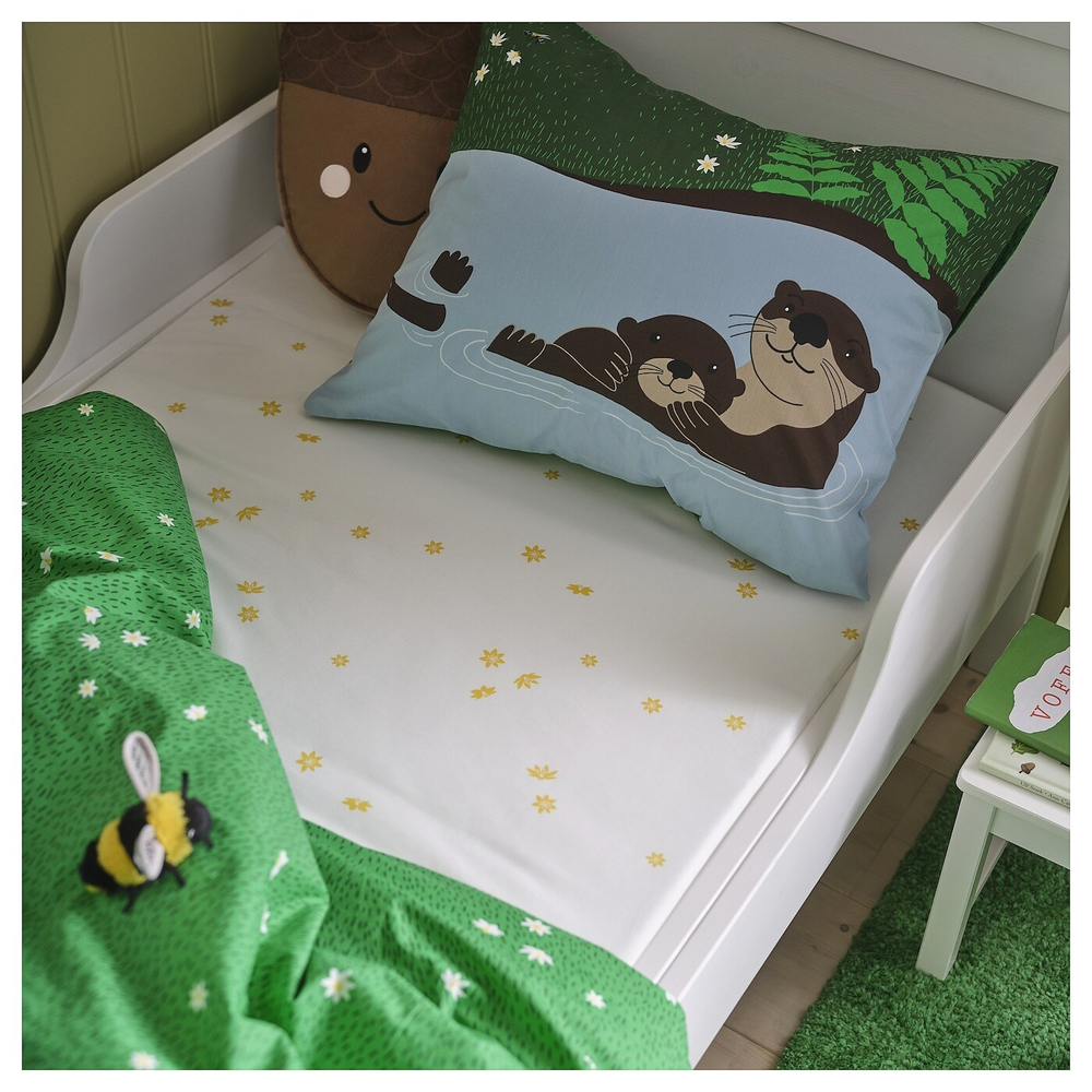 IKEA SKOGSDUVA  (ИКЕА СКОГСДУВА)  -  Простыня на резинке, бело-желтый/цветочный рисунок, 90x200 см