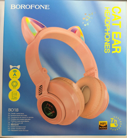 346_ Беспроводные внешние наушники BOROFONE арт. BO18 Cat ear BT headset, розовые ш/к 6974443384963