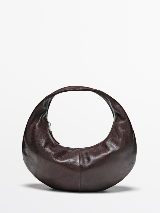 Massimo Dutti Средняя сумка-полумесяц из кожи наппа, коричневый