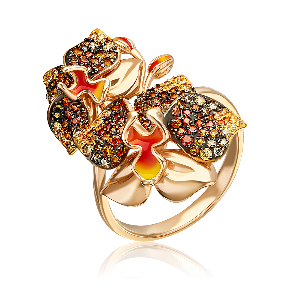 Кольцо «Орхидея» из красного золота с фианитами и эмалью