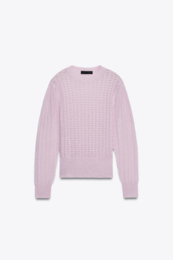 ZARA СВИТЕР ИЗ ШЕРСТИ И АЛЬПАКИ С АЖУРНЫМ УЗОРОМ, РОЗОВЫЙ