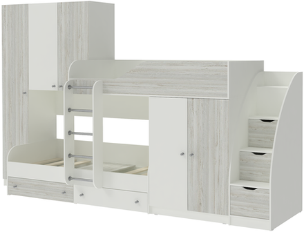 Двухъярусная кровать КарИВи Лео с лестницей Комод КарИВиом Белый  Винтерберг