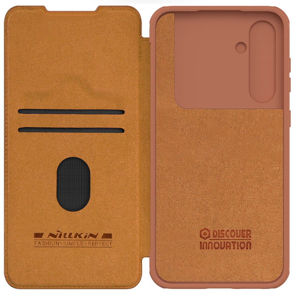 Кожаный чехол книжка коричневого цвета от Nillkin для Samsung Galaxy S23 FE, серия Qin Pro Leather с защитной шторкой для камеры