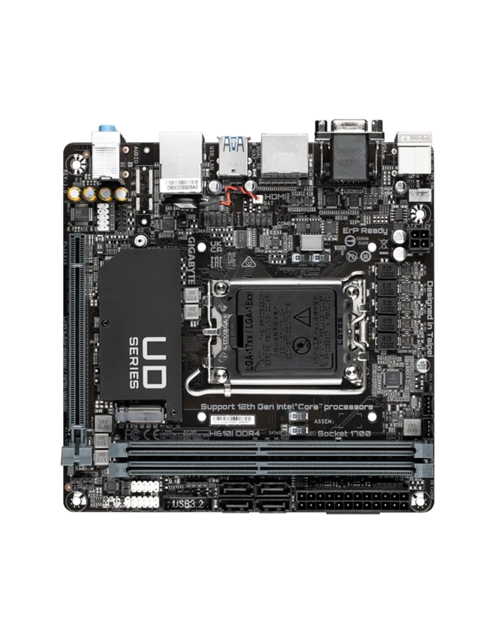 Материнская плата GIGABYTE H610I DDR4, LGA1700, H610, 2*DDR4, 4*SATA, 1*M.2, 2*USB 3.2, 4*USB 2.0, 1*PCIx16, 2*DP+D-Sub+HDMI, mITX