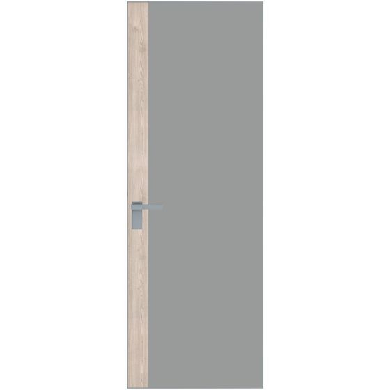 Алюминиевая дверь 6AGК кромка серебро стекло монохром серый вставка дуб сонома