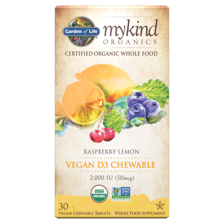 Garden of Life, Витамин Д3 2000 МЕ, mykind Organics Vegan D3 2000 IU, 30 вегетарианских жевательных таблеток