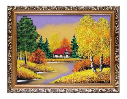 Картина№4 " Осеннее утро" рисованная уральскими минералами в деревянном багете 47-37-2см