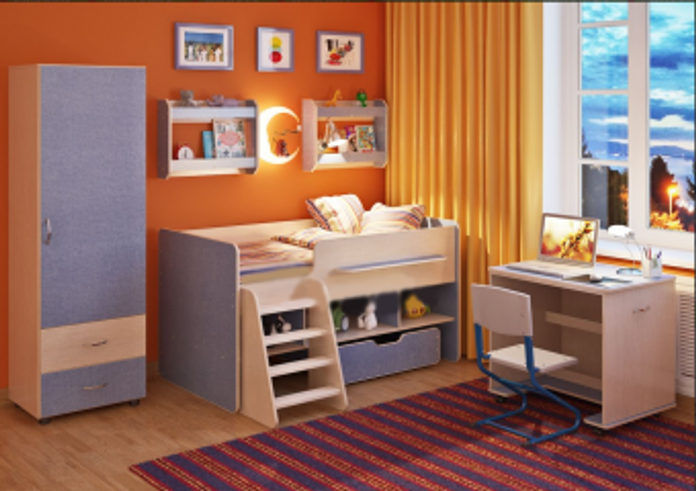 Детская стенка КарИВи Легенда 11  Дуб Молочный Светло-синий, голубой