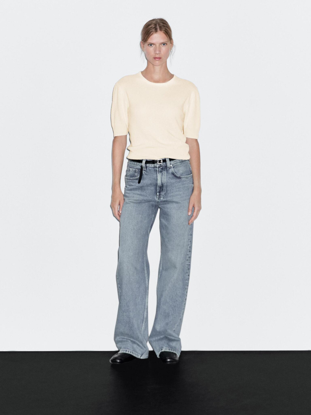 Massimo Dutti Свитер с короткими рукавами из смесовой шерсти, ванильный